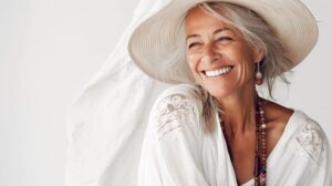 Beautiful older woman with nice teeth wearing summer clothes