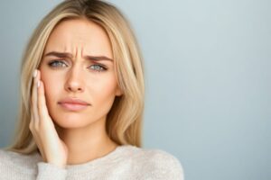 Concerned woman touching her cheek